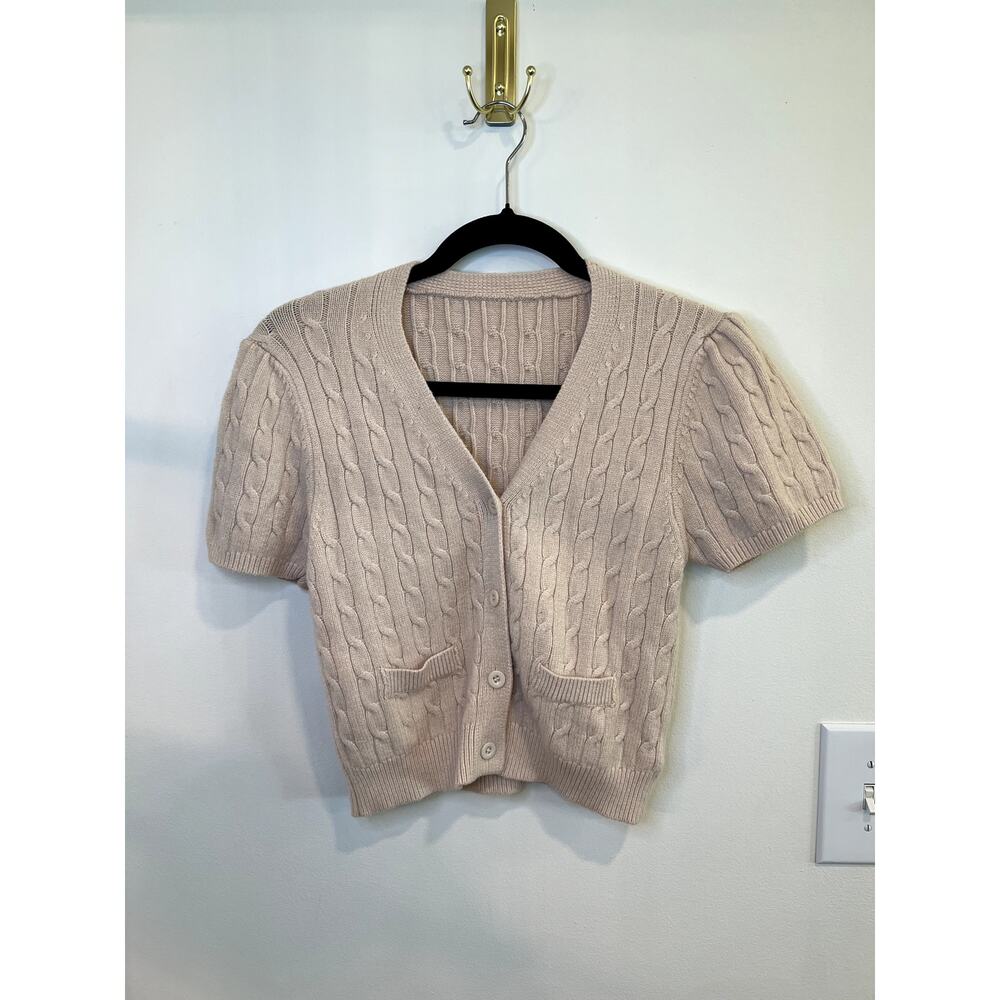 Cider Cable Knit Puff Sleeve Cardigan Sweater Cream Beige Size Medium
